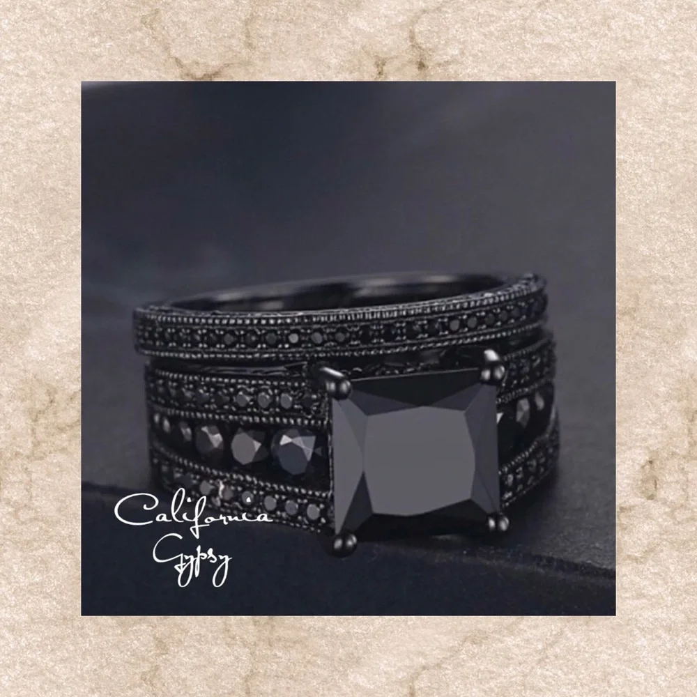 925 Sterling Silver Princess Cut Black Sapphire Ring Set - Picture 2 of 9